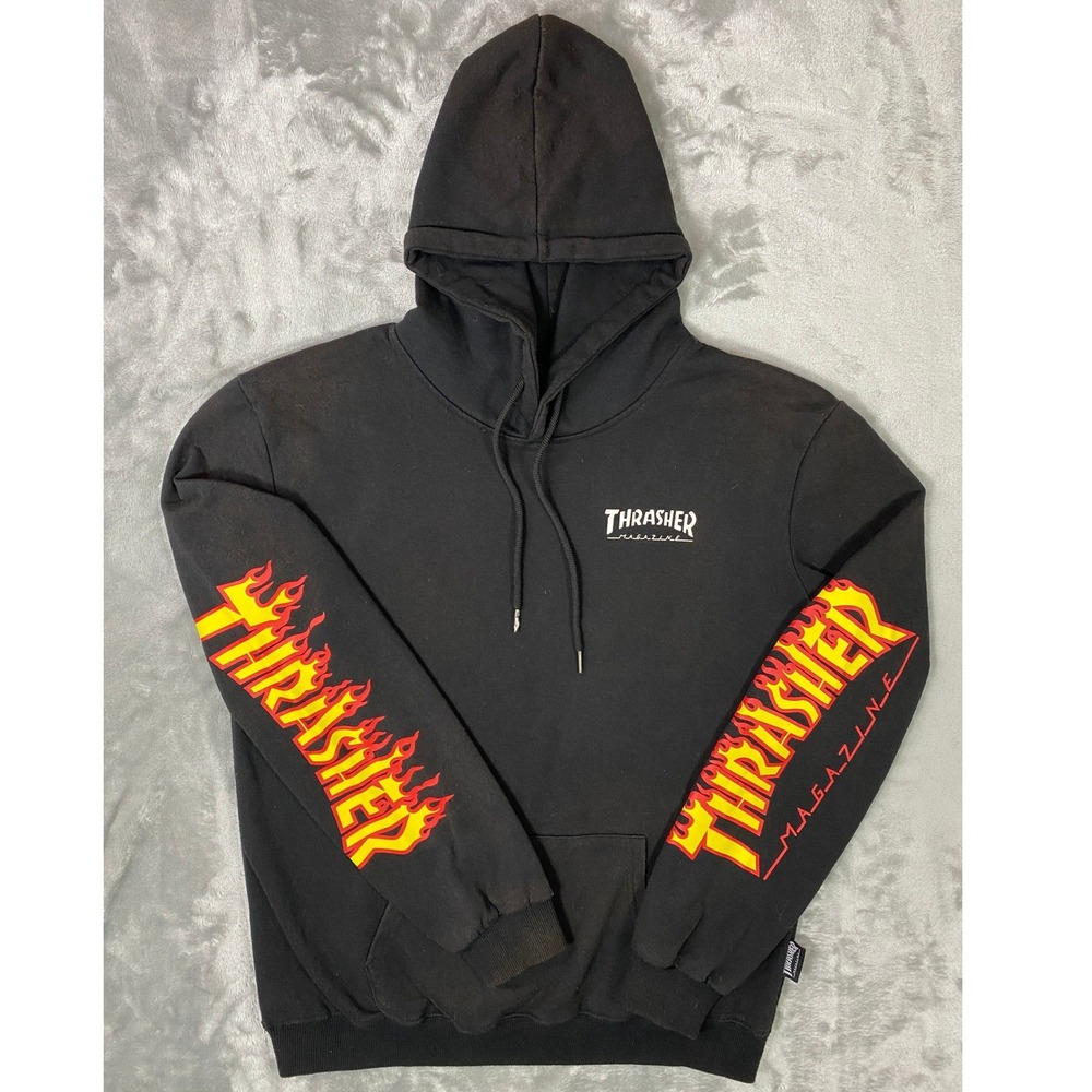 Thrasher Flame Sleeve Graphic Pullover Skate Hoodie Mens M Black THR03016-BLK